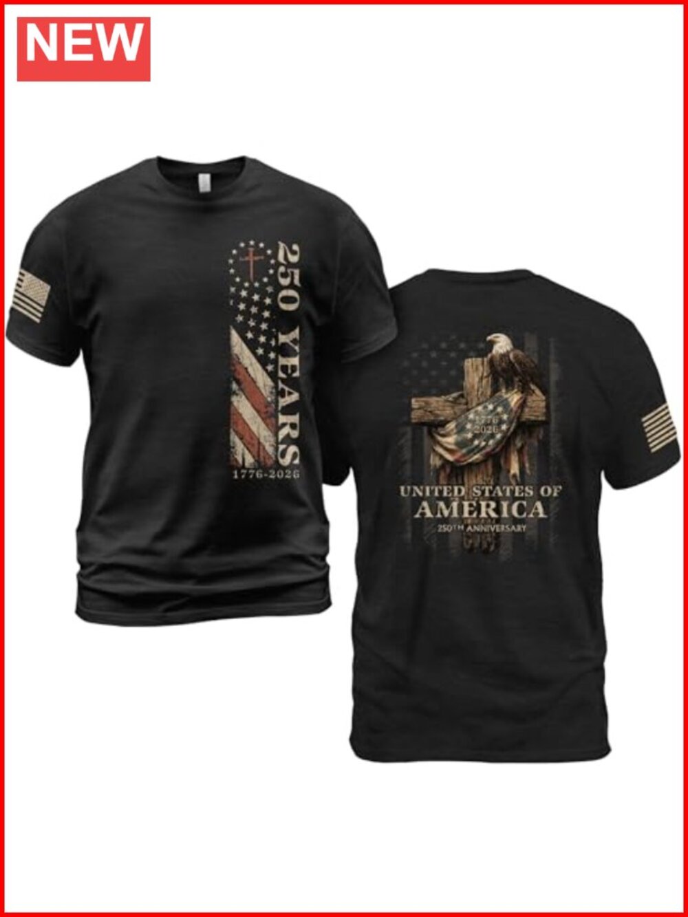 Christian 250th Anniversary USA Flag T-Shirt Men Crew Neck Cotton Patriotic
